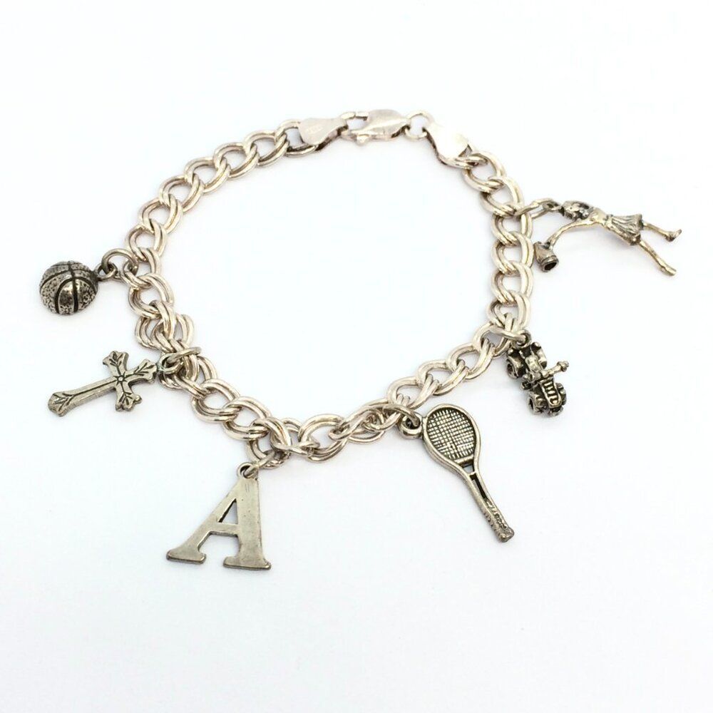 VINTAGE STERLING CHARM Bracelet 925 Italy Sports Tennis Basketball Cross